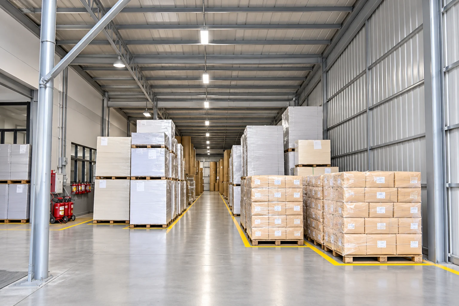 Paper stock and packed pallets in the GiltEdgePress warehouse