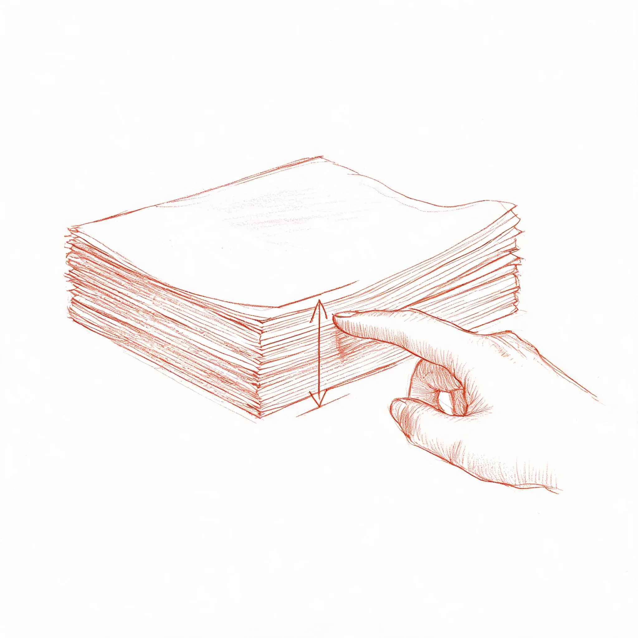 Sketch of a stack of thin Bible paper with a hand comparing thickness