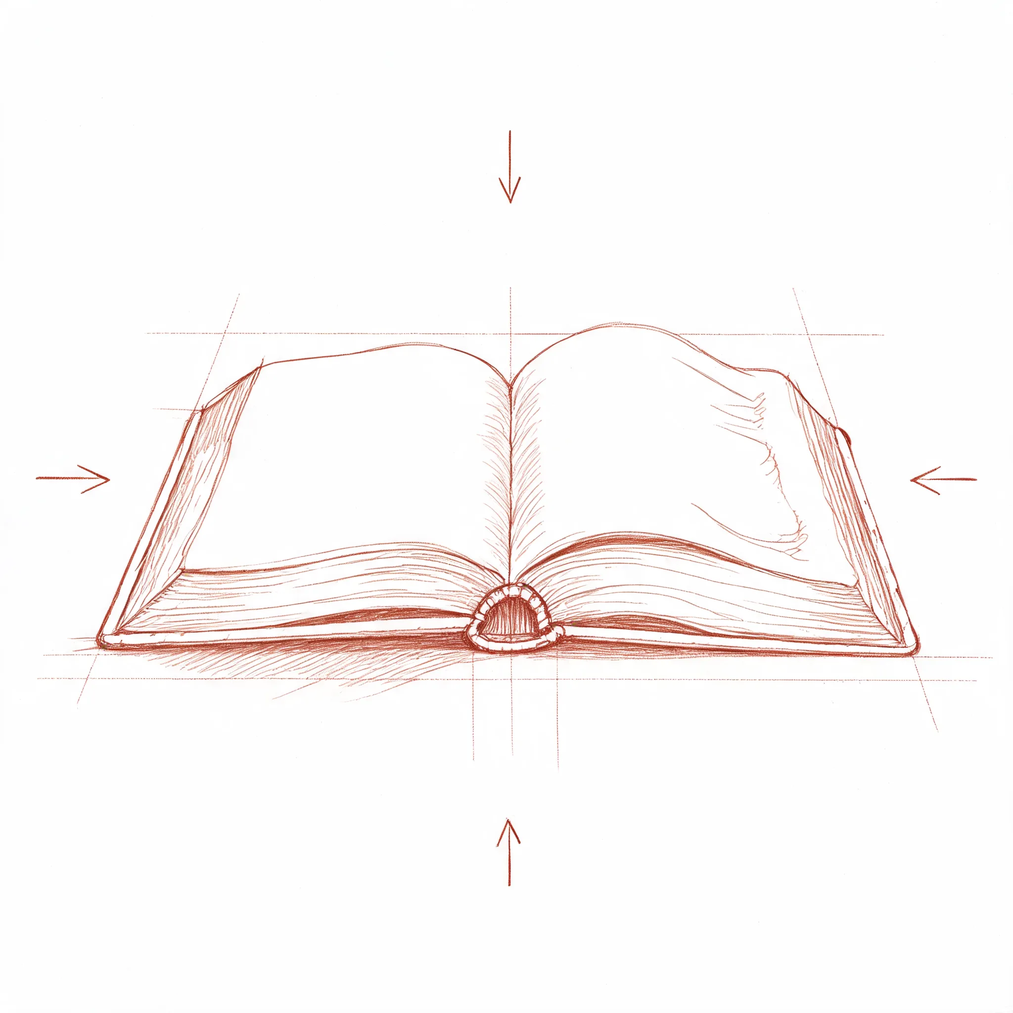 Hand-drawn sketch of an open Bible lying flat at 180 degrees, showing the Smyth-sewn spine